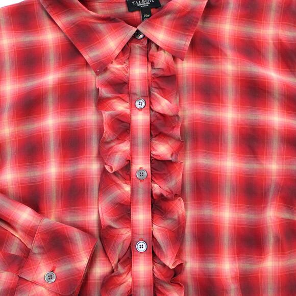 Talbots Woman Size 14W Plaid Blouse Ruffle Front Red Beige Plaid Prairie Modest - Picture 5 of 7